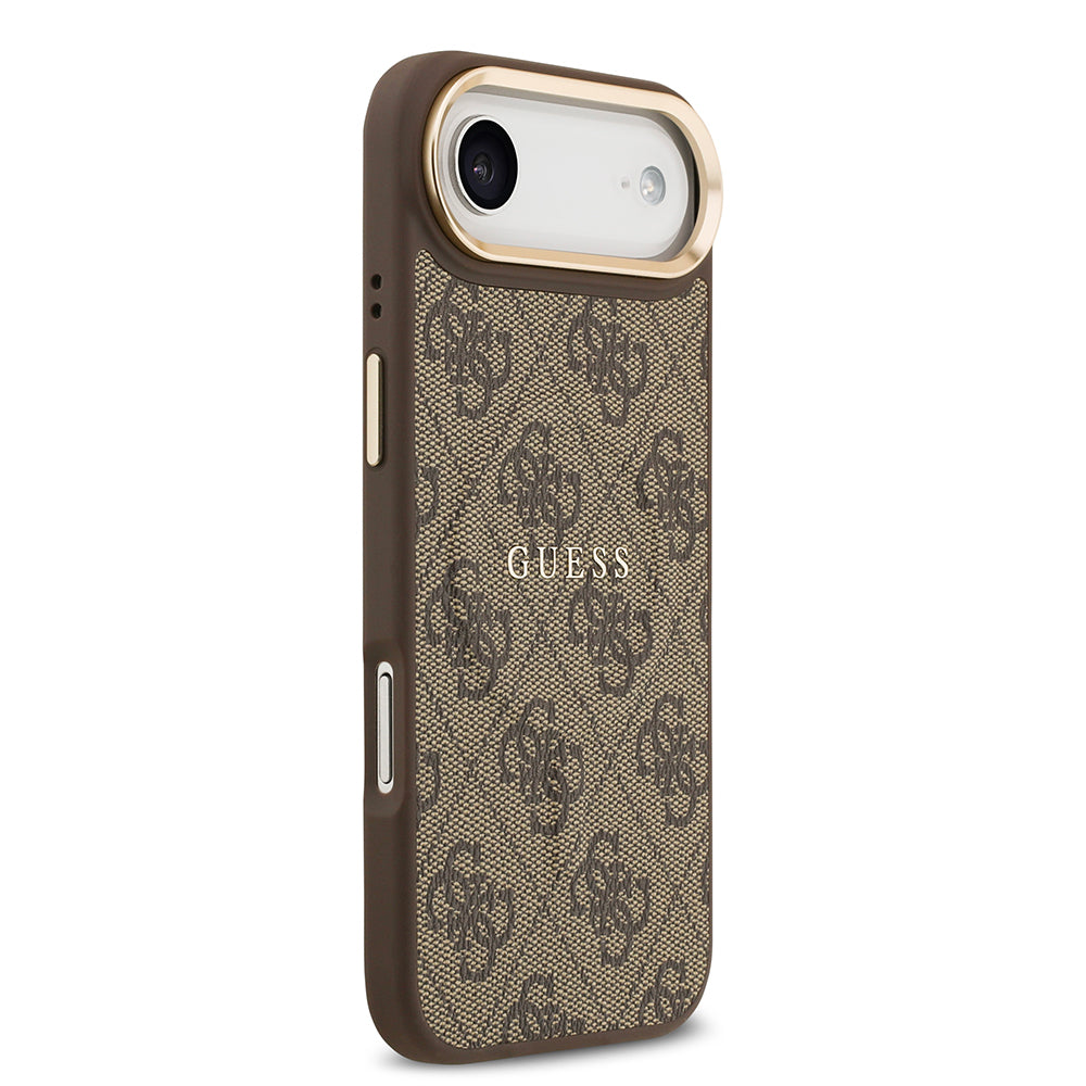 Apple iPhone 17 Air Kılıf Guess Orjinal Lisanslı M-safe Şarj Özellikli Gold Metal Kamera Çerçeveli PU Deri 4G Desenli Yazı Logolu Kapak Pembe