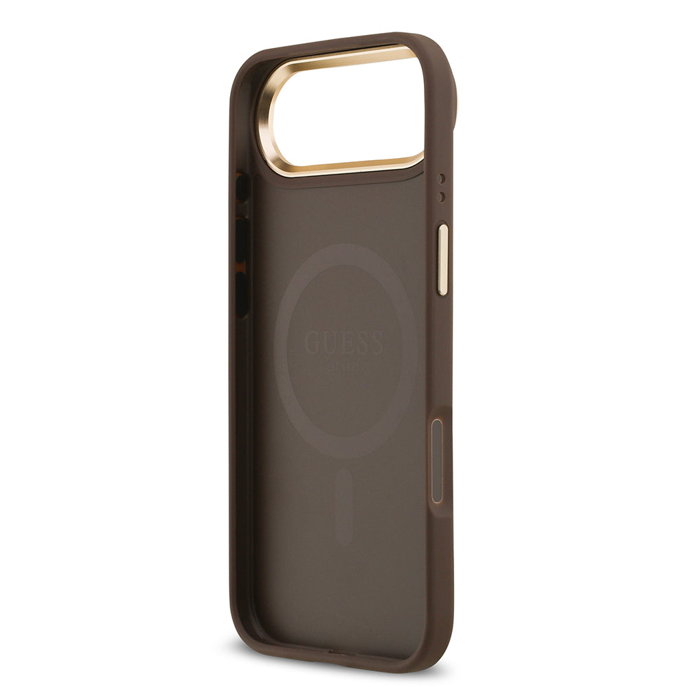 Apple iPhone 17 Air Kılıf Guess Orjinal Lisanslı M-safe Şarj Özellikli Gold Metal Kamera Çerçeveli PU Deri 4G Desenli Yazı Logolu Kapak Pembe