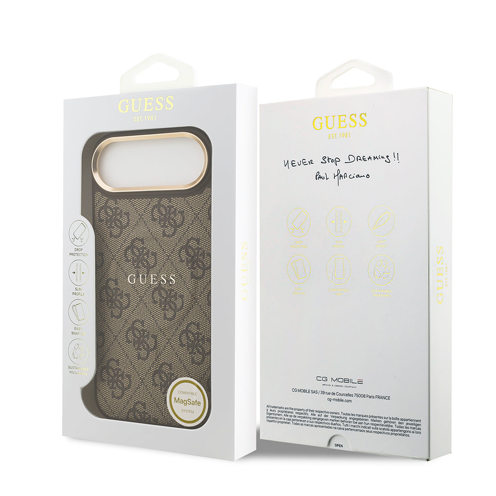 Apple iPhone 17 Air Kılıf Guess Orjinal Lisanslı M-safe Şarj Özellikli Gold Metal Kamera Çerçeveli PU Deri 4G Desenli Yazı Logolu Kapak Pembe