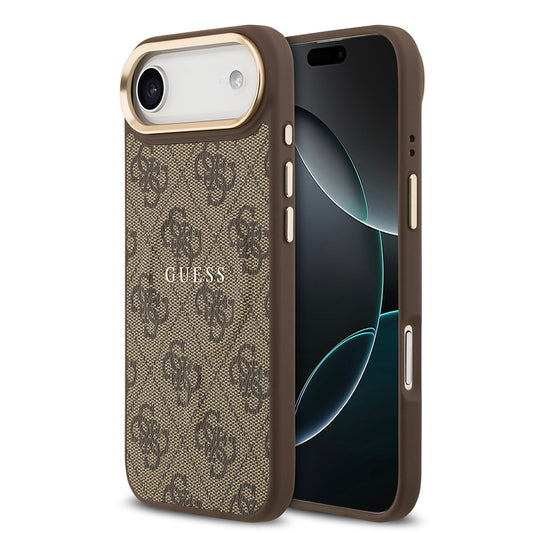 Apple iPhone 17 Air Kılıf Guess Orjinal Lisanslı M-safe Şarj Özellikli Gold Metal Kamera Çerçeveli PU Deri 4G Desenli Yazı Logolu Kapak Pembe