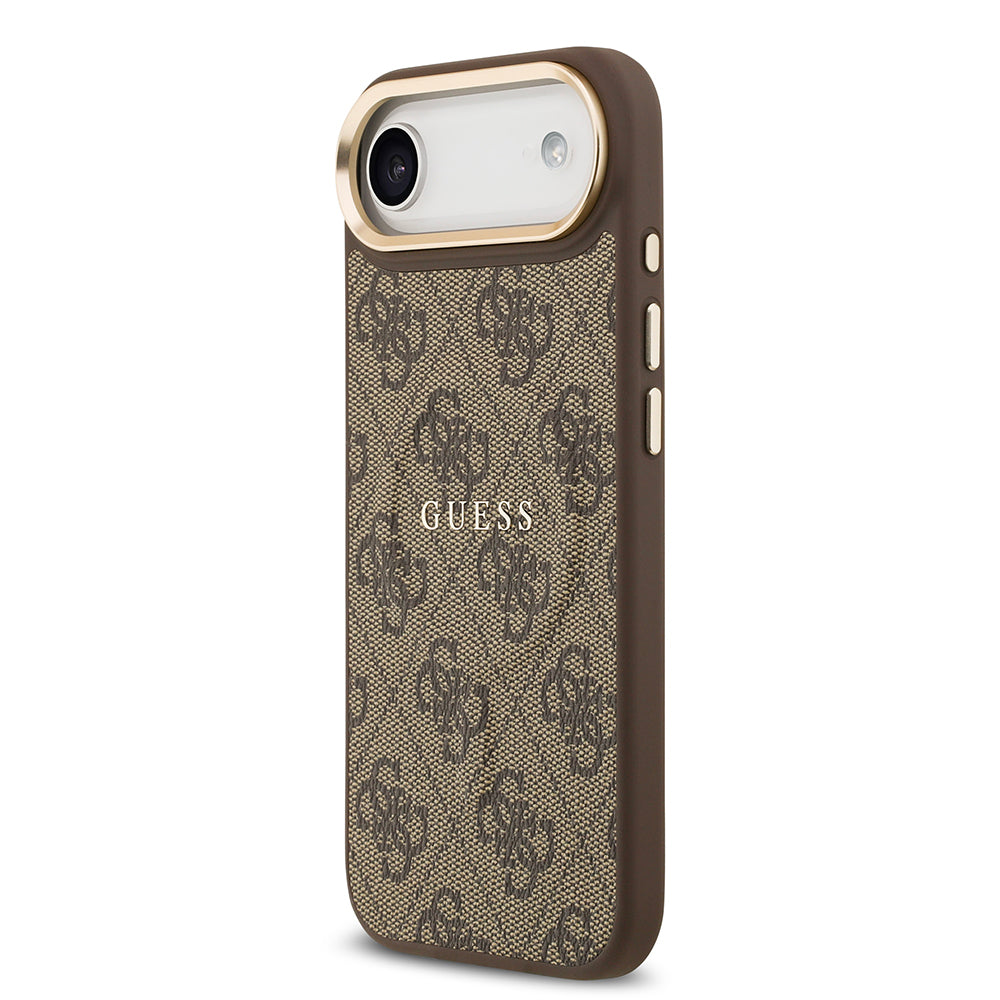 Apple iPhone 17 Air Kılıf Guess Orjinal Lisanslı M-safe Şarj Özellikli Gold Metal Kamera Çerçeveli PU Deri 4G Desenli Yazı Logolu Kapak Pembe