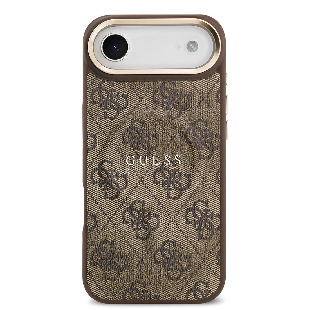 Apple iPhone 17 Air Kılıf Guess Orjinal Lisanslı M-safe Şarj Özellikli Gold Metal Kamera Çerçeveli PU Deri 4G Desenli Yazı Logolu Kapak Pembe