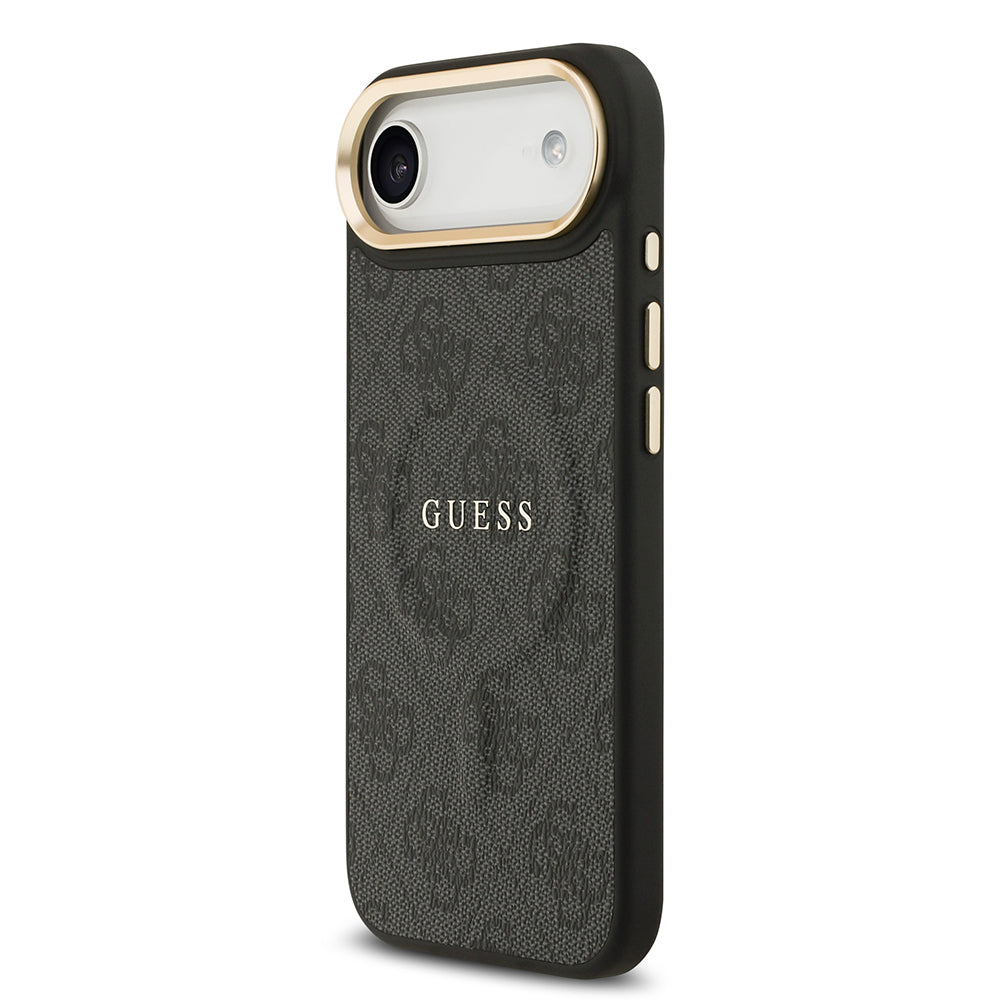 Apple iPhone 17 Air Kılıf Guess Orjinal Lisanslı M-safe Şarj Özellikli Gold Metal Kamera Çerçeveli PU Deri 4G Desenli Yazı Logolu Kapak Kahverengi