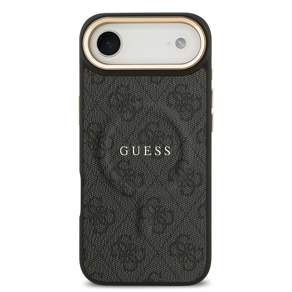 Apple iPhone 17 Air Kılıf Guess Orjinal Lisanslı M-safe Şarj Özellikli Gold Metal Kamera Çerçeveli PU Deri 4G Desenli Yazı Logolu Kapak Kahverengi