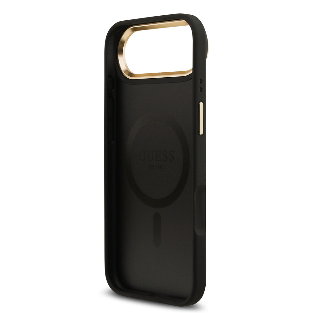 Apple iPhone 17 Air Kılıf Guess Orjinal Lisanslı M-safe Şarj Özellikli Gold Metal Kamera Çerçeveli PU Deri 4G Desenli Yazı Logolu Kapak Pembe