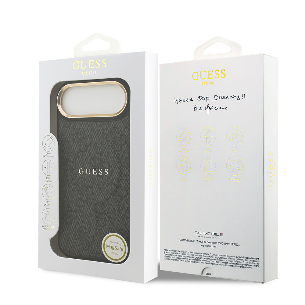 Apple iPhone 17 Air Kılıf Guess Orjinal Lisanslı M-safe Şarj Özellikli Gold Metal Kamera Çerçeveli PU Deri 4G Desenli Yazı Logolu Kapak Kahverengi
