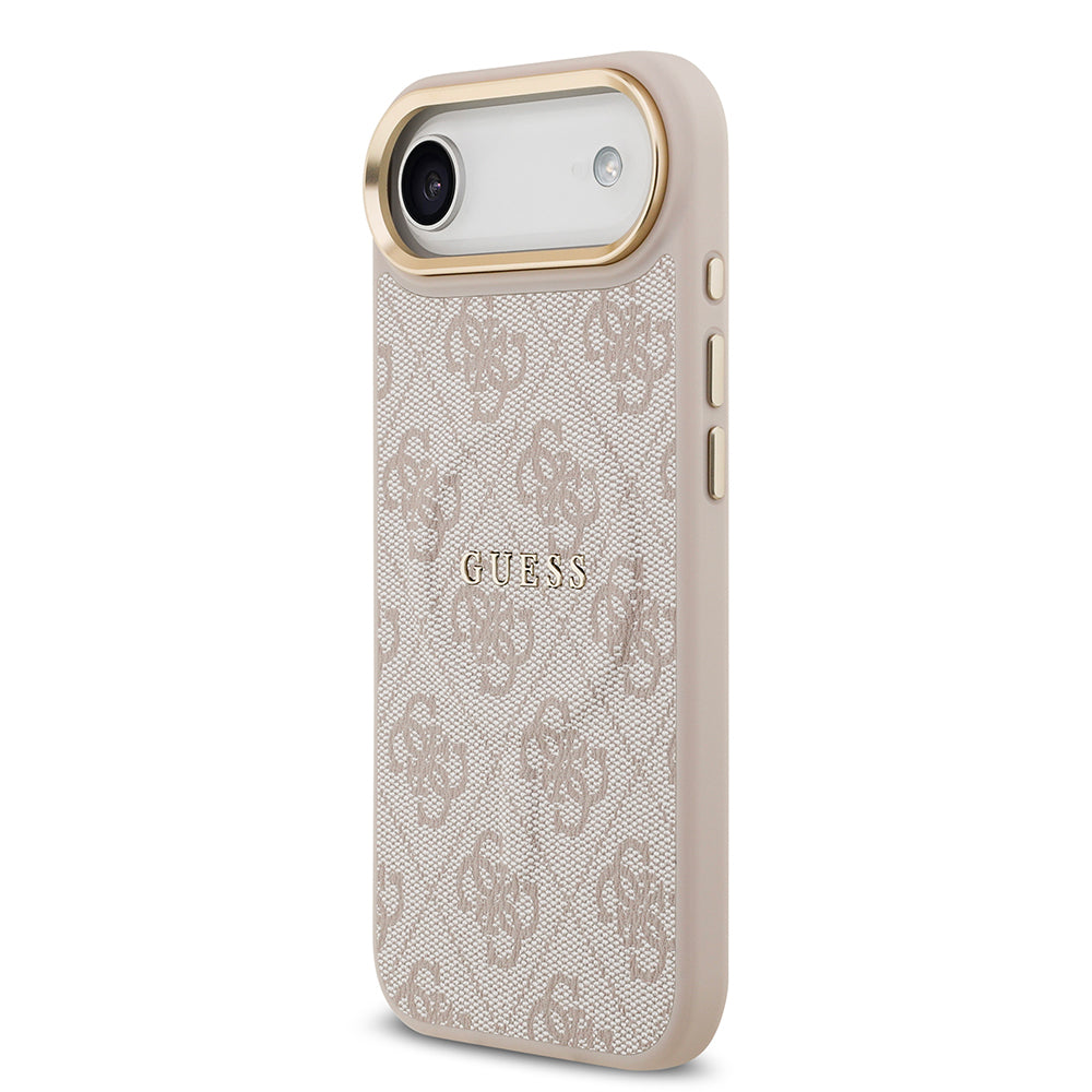 Apple iPhone 17 Air Kılıf Guess Orjinal Lisanslı M-safe Şarj Özellikli Gold Metal Kamera Çerçeveli PU Deri 4G Desenli Yazı Logolu Kapak Kahverengi