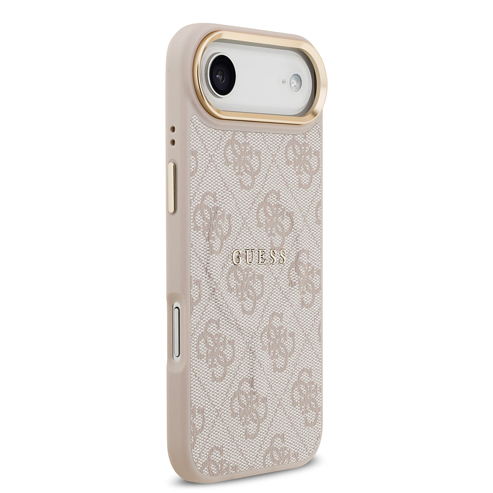 Apple iPhone 17 Air Kılıf Guess Orjinal Lisanslı M-safe Şarj Özellikli Gold Metal Kamera Çerçeveli PU Deri 4G Desenli Yazı Logolu Kapak Kahverengi
