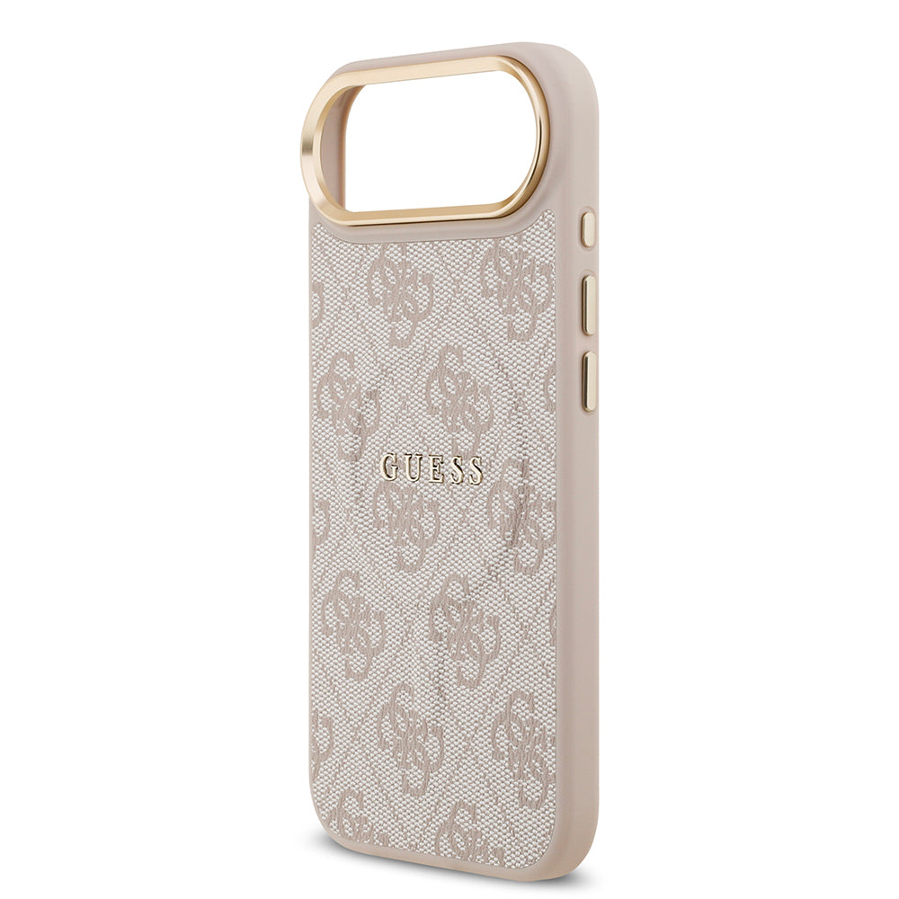 Apple iPhone 17 Air Kılıf Guess Orjinal Lisanslı M-safe Şarj Özellikli Gold Metal Kamera Çerçeveli PU Deri 4G Desenli Yazı Logolu Kapak Kahverengi