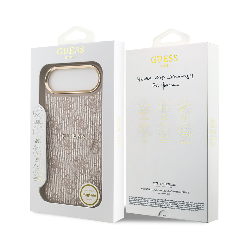 Apple iPhone 17 Air Kılıf Guess Orjinal Lisanslı M-safe Şarj Özellikli Gold Metal Kamera Çerçeveli PU Deri 4G Desenli Yazı Logolu Kapak Kahverengi