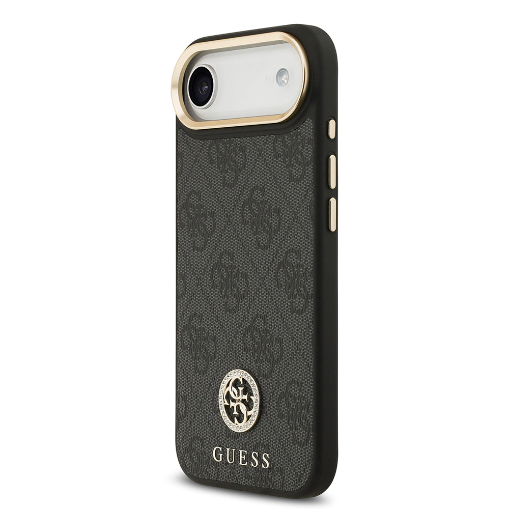 Apple iPhone 17 Air Kılıf Guess Orjinal Lisanslı M-safe Şarj Özellikli Gold Metal Kamera Çerçeveli Taşlı 4G Logolu Kapak Kahverengi