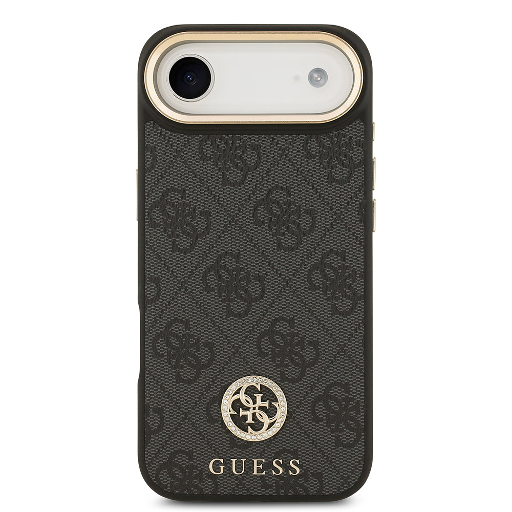 Apple iPhone 17 Air Kılıf Guess Orjinal Lisanslı M-safe Şarj Özellikli Gold Metal Kamera Çerçeveli Taşlı 4G Logolu Kapak Kahverengi