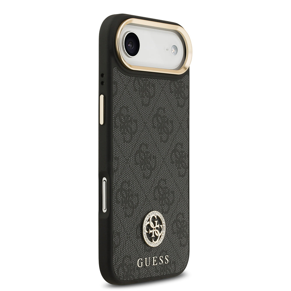 Apple iPhone 17 Air Kılıf Guess Orjinal Lisanslı M-safe Şarj Özellikli Gold Metal Kamera Çerçeveli Taşlı 4G Logolu Kapak Kahverengi