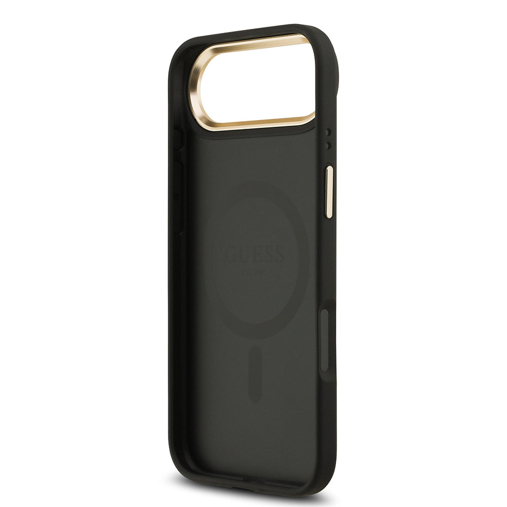 Apple iPhone 17 Air Kılıf Guess Orjinal Lisanslı M-safe Şarj Özellikli Gold Metal Kamera Çerçeveli Taşlı 4G Logolu Kapak Kahverengi