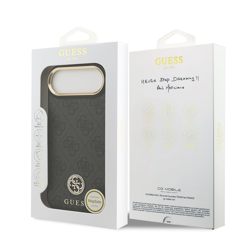 Apple iPhone 17 Air Kılıf Guess Orjinal Lisanslı M-safe Şarj Özellikli Gold Metal Kamera Çerçeveli Taşlı 4G Logolu Kapak Kahverengi