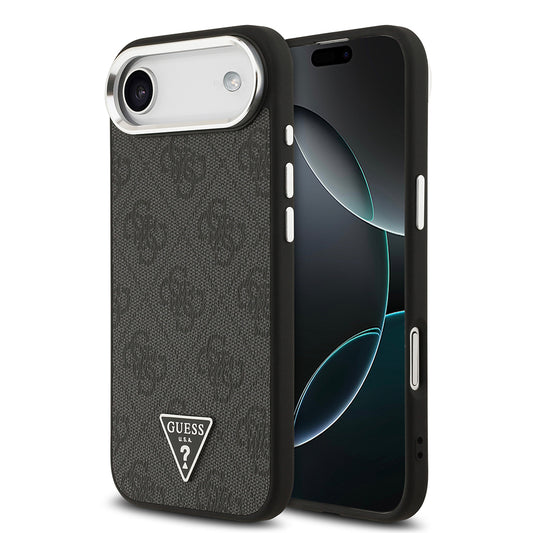 Apple iPhone 17 Air Kılıf Guess Orjinal Lisanslı M-safe Şarj Özellikli Gümüş Metal Kamera Çerçeveli Üçgen Logo 4G Desenli Kapak