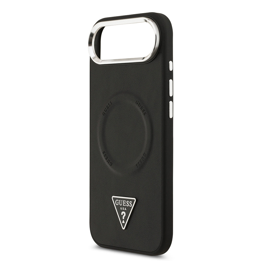 Apple iPhone 17 Air Kılıf Guess Orjinal Lisanslı M-safe Şarj Özellikli PU Deri Metal Kamera Çerçeveli Üçgen Logolu Kapak Siyah