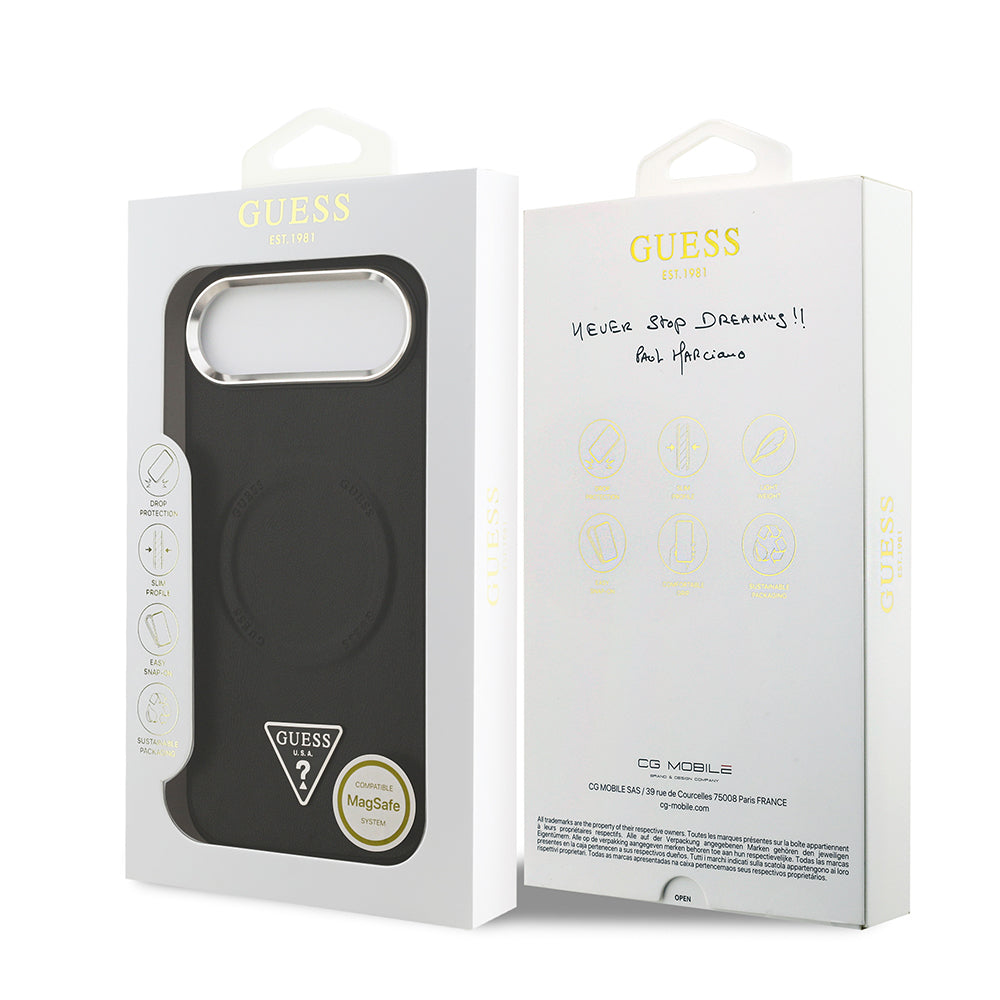 Apple iPhone 17 Air Kılıf Guess Orjinal Lisanslı M-safe Şarj Özellikli PU Deri Metal Kamera Çerçeveli Üçgen Logolu Kapak Siyah