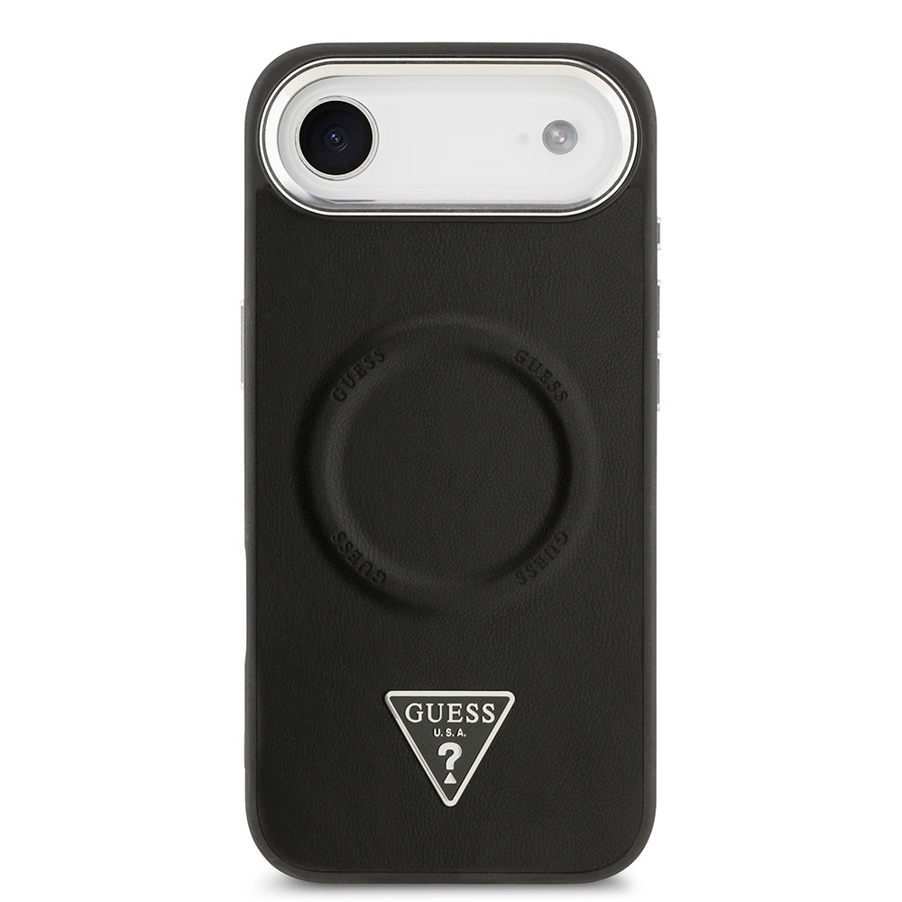 Apple iPhone 17 Air Kılıf Guess Orjinal Lisanslı M-safe Şarj Özellikli PU Deri Metal Kamera Çerçeveli Üçgen Logolu Kapak Siyah