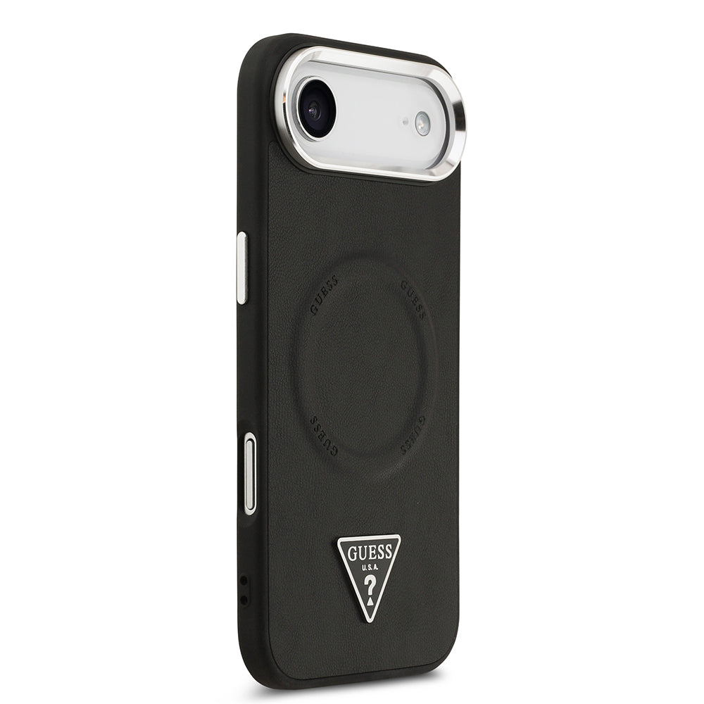 Apple iPhone 17 Air Kılıf Guess Orjinal Lisanslı M-safe Şarj Özellikli PU Deri Metal Kamera Çerçeveli Üçgen Logolu Kapak Siyah