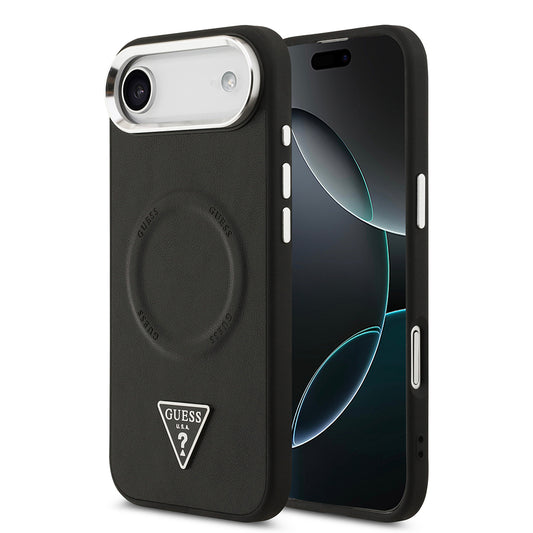 Apple iPhone 17 Air Kılıf Guess Orjinal Lisanslı M-safe Şarj Özellikli PU Deri Metal Kamera Çerçeveli Üçgen Logolu Kapak Siyah