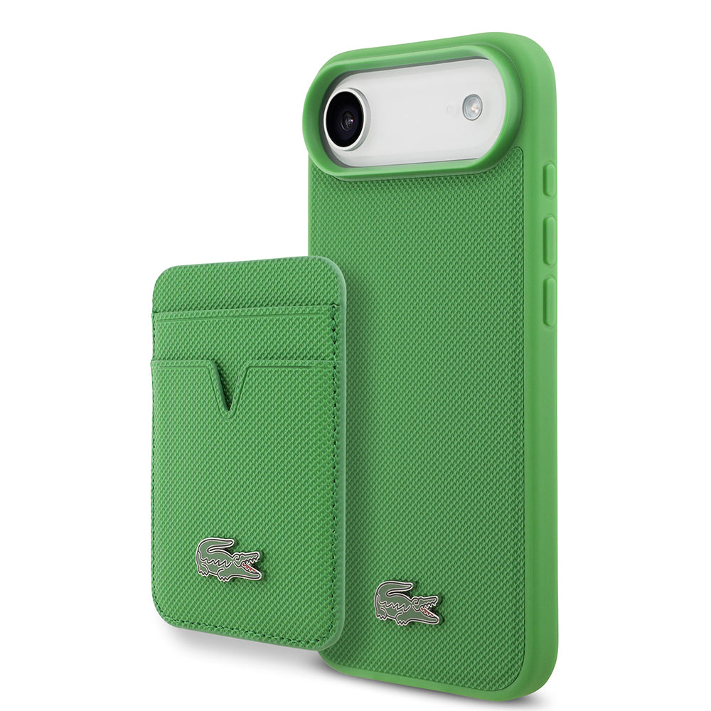 Apple iPhone 17 Air Kılıf Lacoste Orjinal Lisanslı M-safe Şarj Özellikli PU Pike Desenli Metal Logolu Kartlıklı Kapak