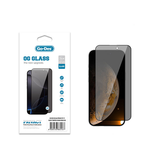 Apple iPhone 17 Go Des OG Glass Privacy Antistatik Temperli Cam Ekran Koruyucu Siyah