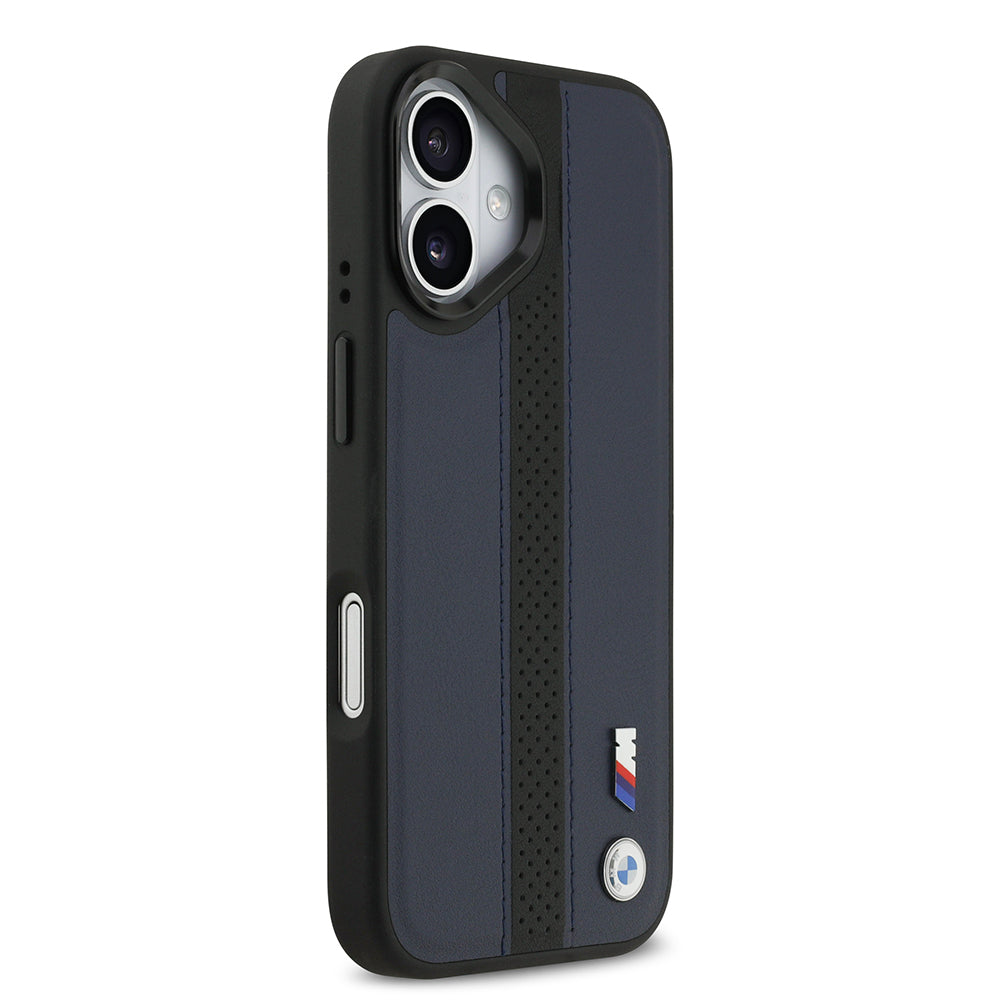 Apple iPhone 17 Kılıf BMW Orjinal Lisanslı M-safe Şarj Özellikli Deri Arka Yüzey Metal Logolu Delikli Şerit Tasarımlı Kapak Lacivert