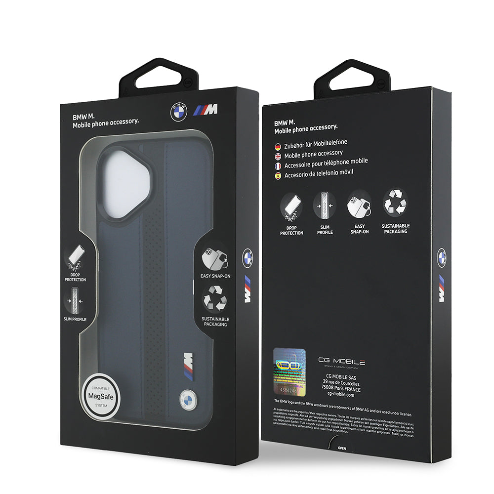 Apple iPhone 17 Kılıf BMW Orjinal Lisanslı M-safe Şarj Özellikli Deri Arka Yüzey Metal Logolu Delikli Şerit Tasarımlı Kapak Lacivert