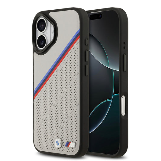 Apple iPhone 17 Kılıf BMW Orjinal Lisanslı M-safe Şarj Özellikli M Logolu Üç Şeritli Delikli Deri Kapak Siyah