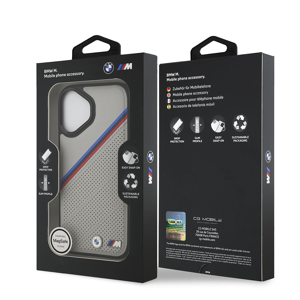 Apple iPhone 17 Kılıf BMW Orjinal Lisanslı M-safe Şarj Özellikli M Logolu Üç Şeritli Delikli Deri Kapak Siyah