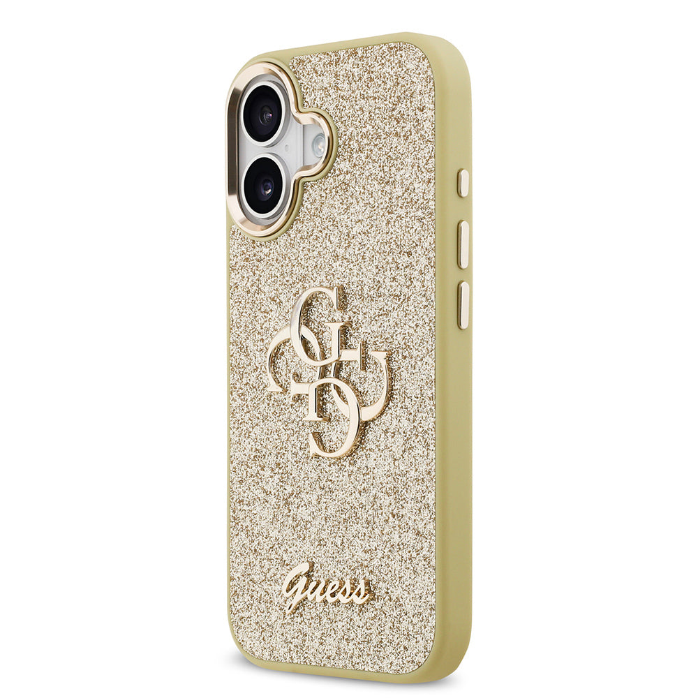 Apple iPhone 17 Kılıf Guess Orjinal Lisanslı 4G Büyük Metal Kamera Çerçeveli ve Logolu Glitter Kapak Pembe