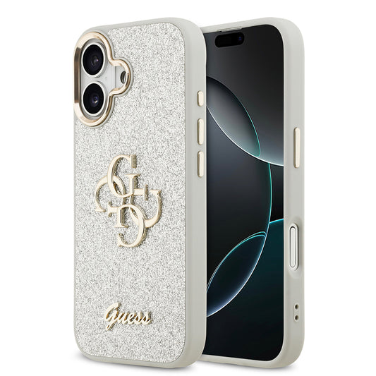 Apple iPhone 17 Kılıf Guess Orjinal Lisanslı 4G Büyük Metal Kamera Çerçeveli ve Logolu Glitter Kapak Gri