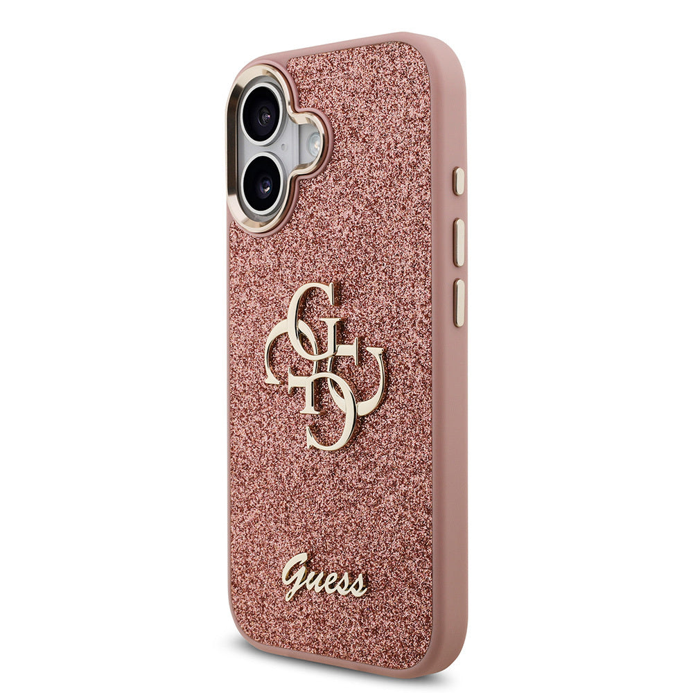 Apple iPhone 17 Kılıf Guess Orjinal Lisanslı 4G Büyük Metal Kamera Çerçeveli ve Logolu Glitter Kapak Pembe