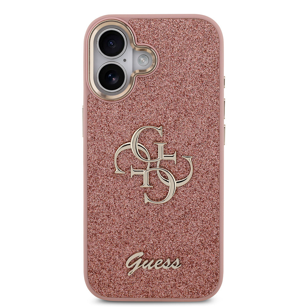 Apple iPhone 17 Kılıf Guess Orjinal Lisanslı 4G Büyük Metal Kamera Çerçeveli ve Logolu Glitter Kapak Pembe