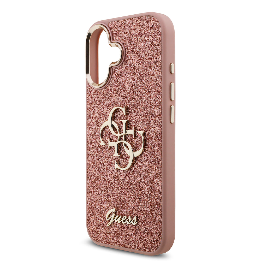 Apple iPhone 17 Kılıf Guess Orjinal Lisanslı 4G Büyük Metal Kamera Çerçeveli ve Logolu Glitter Kapak Pembe