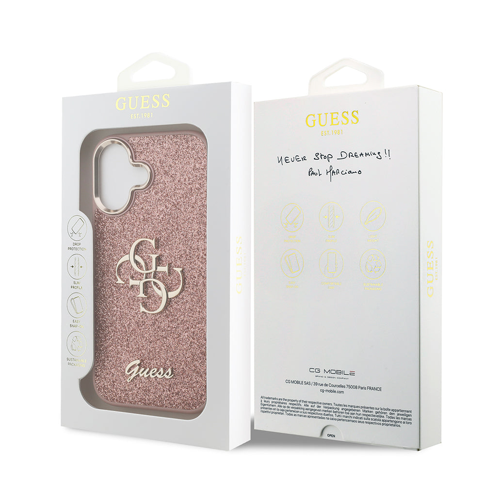 Apple iPhone 17 Kılıf Guess Orjinal Lisanslı 4G Büyük Metal Kamera Çerçeveli ve Logolu Glitter Kapak Pembe