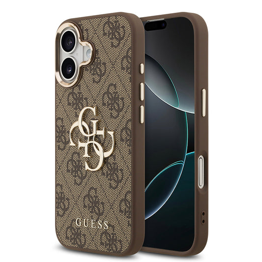 Apple iPhone 17 Kılıf Guess Orjinal Lisanslı Gold Metal Kamera Çerçeveli 4G Desenli Metal Büyük 4G ve Yazı Logolu Kapak Pembe