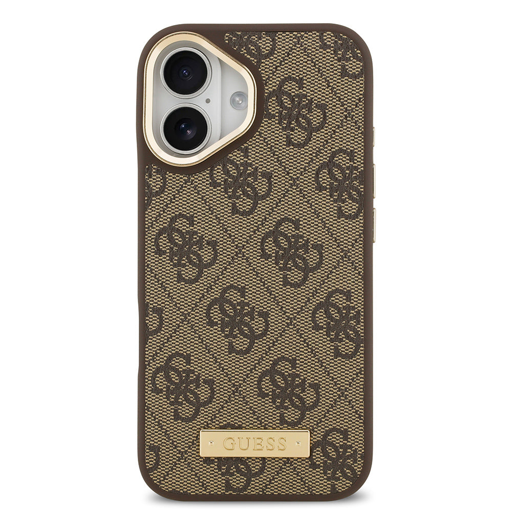 Apple iPhone 17 Kılıf Guess Orjinal Lisanslı M-safe Şarj Özellikli 4G Desenli PU Metal Plaka Klasik Logolu Kapak Kahverengi