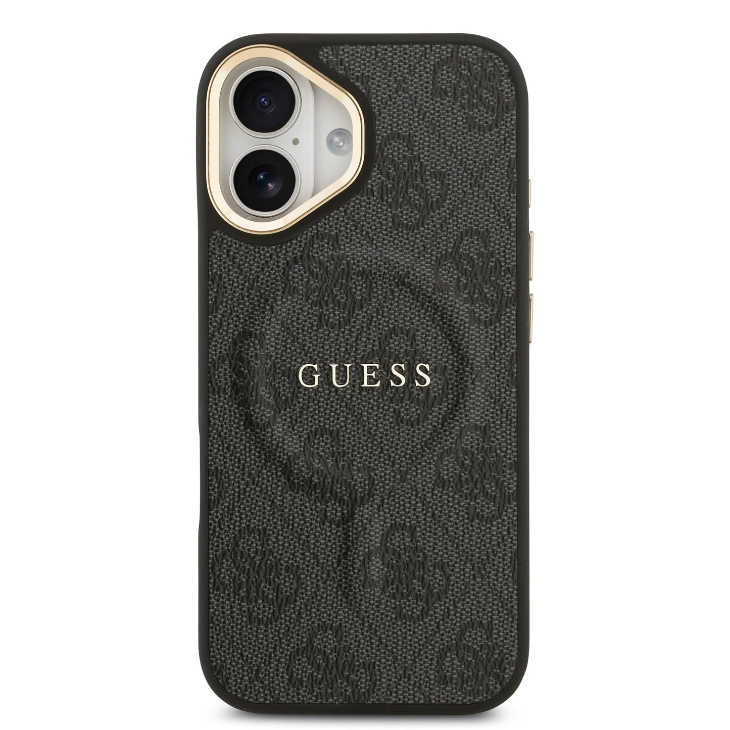 Apple iPhone 17 Kılıf Guess Orjinal Lisanslı M-safe Şarj Özellikli Gold Metal Kamera Çerçeveli PU Deri 4G Desenli Yazı Logolu Kapak Kahverengi