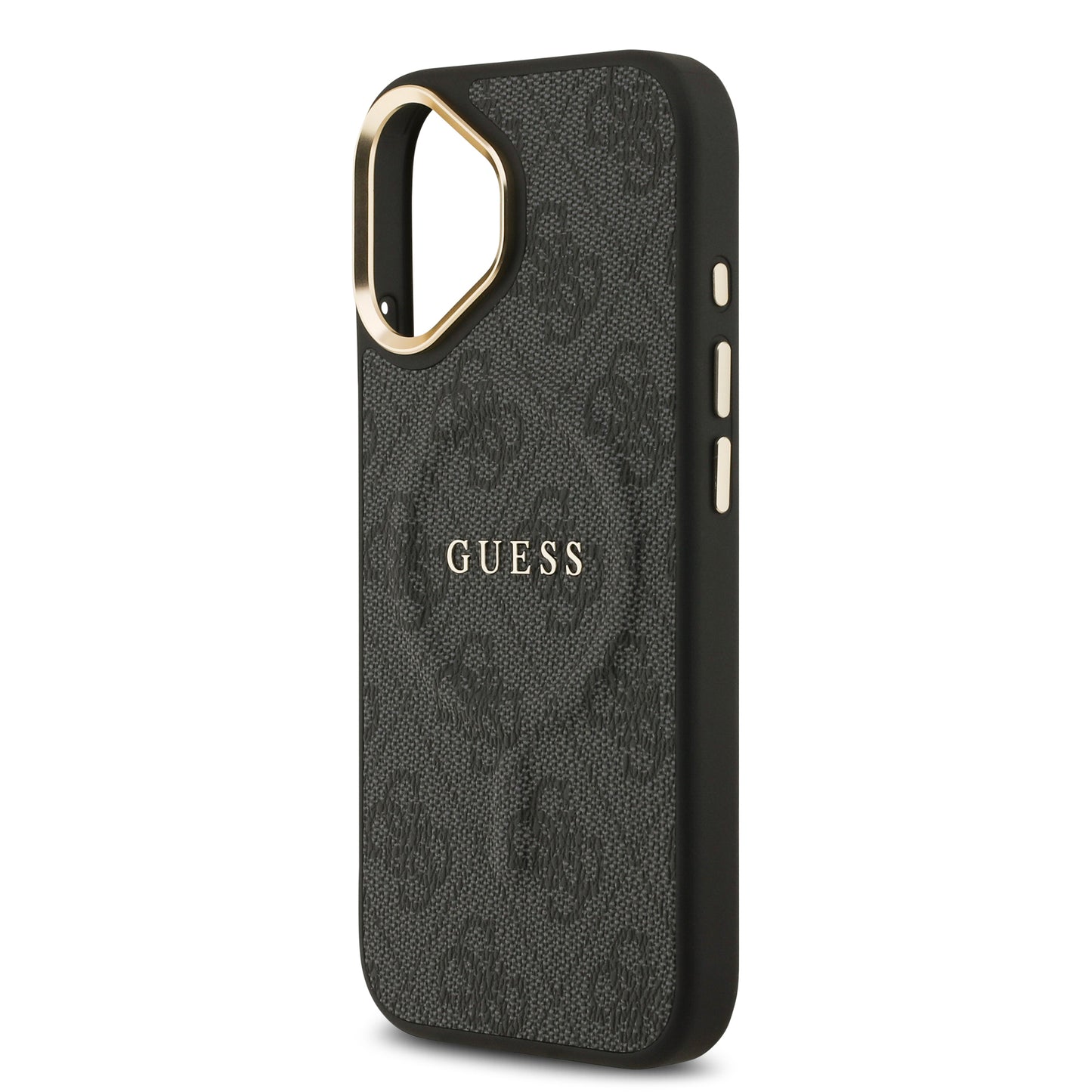 Apple iPhone 17 Kılıf Guess Orjinal Lisanslı M-safe Şarj Özellikli Gold Metal Kamera Çerçeveli PU Deri 4G Desenli Yazı Logolu Kapak Kahverengi