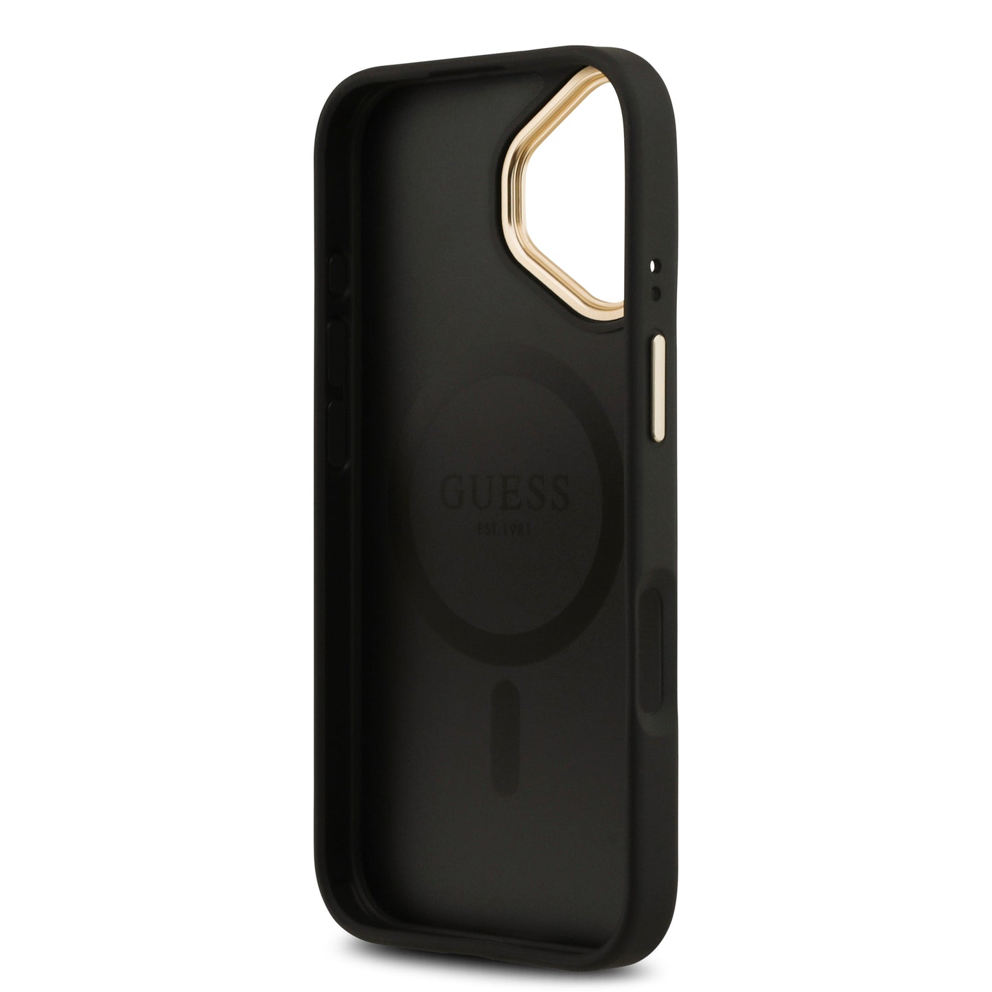 Apple iPhone 17 Kılıf Guess Orjinal Lisanslı M-safe Şarj Özellikli Gold Metal Kamera Çerçeveli PU Deri 4G Desenli Yazı Logolu Kapak Kahverengi