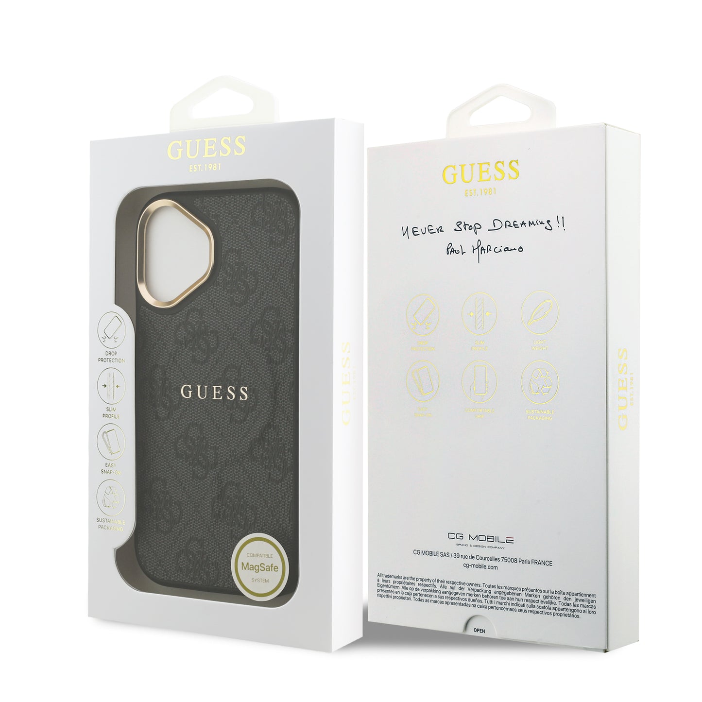 Apple iPhone 17 Kılıf Guess Orjinal Lisanslı M-safe Şarj Özellikli Gold Metal Kamera Çerçeveli PU Deri 4G Desenli Yazı Logolu Kapak Kahverengi