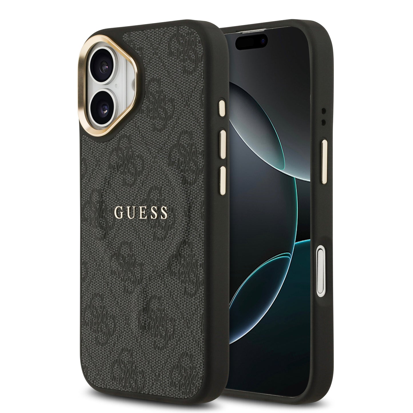 Apple iPhone 17 Kılıf Guess Orjinal Lisanslı M-safe Şarj Özellikli Gold Metal Kamera Çerçeveli PU Deri 4G Desenli Yazı Logolu Kapak Kahverengi