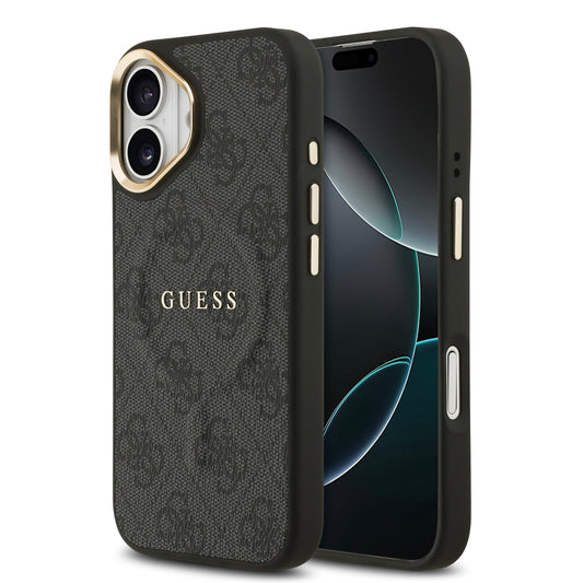 Apple iPhone 17 Kılıf Guess Orjinal Lisanslı M-safe Şarj Özellikli Gold Metal Kamera Çerçeveli PU Deri 4G Desenli Yazı Logolu Kapak Kahverengi