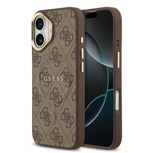 Apple iPhone 17 Kılıf Guess Orjinal Lisanslı M-safe Şarj Özellikli Gold Metal Kamera Çerçeveli PU Deri 4G Desenli Yazı Logolu Kapak Kahverengi