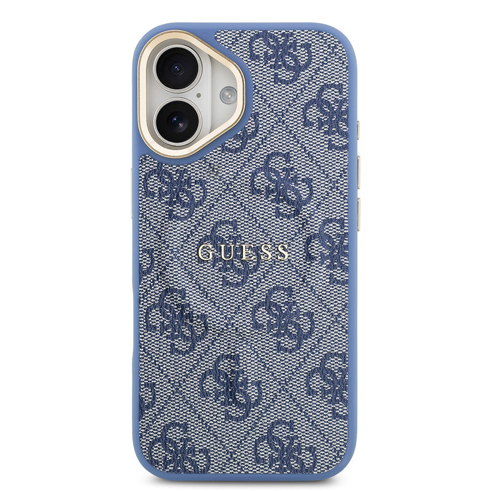 Apple iPhone 17 Kılıf Guess Orjinal Lisanslı M-safe Şarj Özellikli Gold Metal Kamera Çerçeveli PU Deri 4G Desenli Yazı Logolu Kapak Mavi