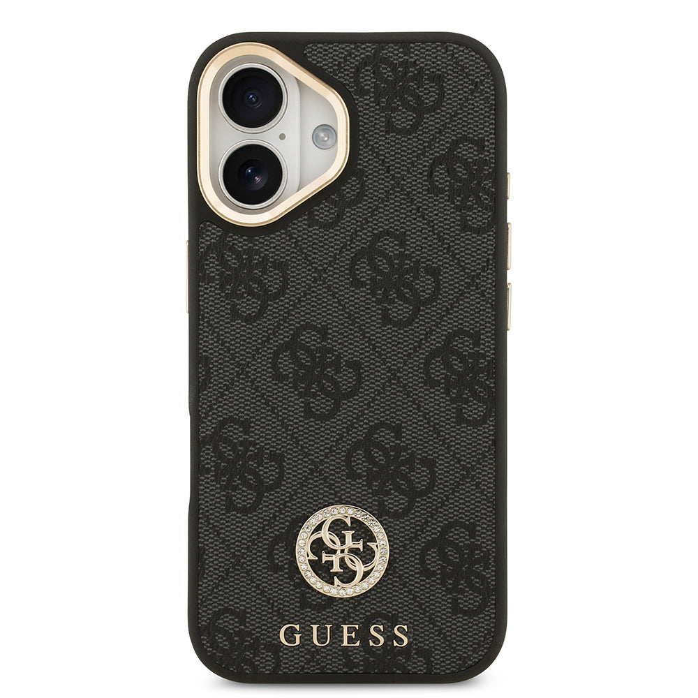 Apple iPhone 17 Kılıf Guess Orjinal Lisanslı M-safe Şarj Özellikli Gold Metal Kamera Çerçeveli Taşlı 4G Logolu Kapak  Kahverengi