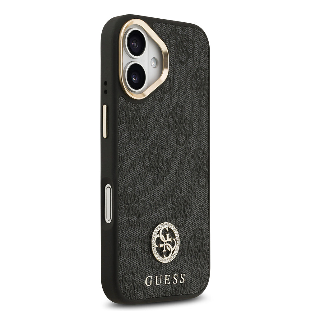 Apple iPhone 17 Kılıf Guess Orjinal Lisanslı M-safe Şarj Özellikli Gold Metal Kamera Çerçeveli Taşlı 4G Logolu Kapak  Kahverengi