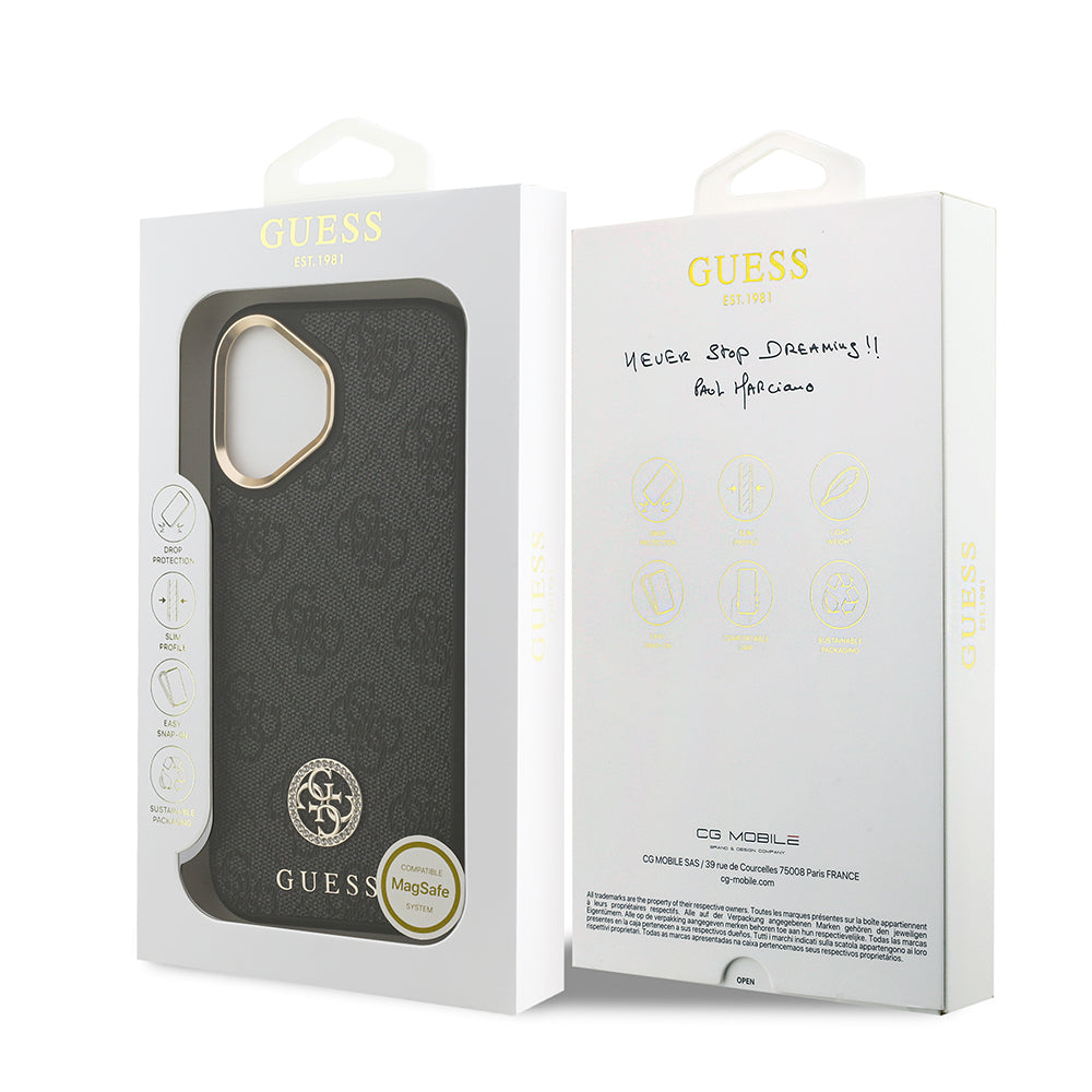 Apple iPhone 17 Kılıf Guess Orjinal Lisanslı M-safe Şarj Özellikli Gold Metal Kamera Çerçeveli Taşlı 4G Logolu Kapak  Kahverengi